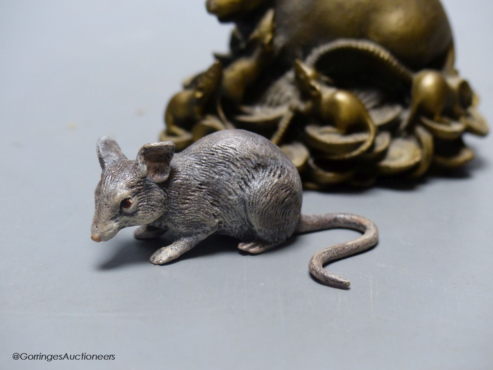 After Franz Bergmann, two cast bronze models of mice, a model of a bird, after Max le Verrier, bears signature and miniature bronze of a dancer (4)